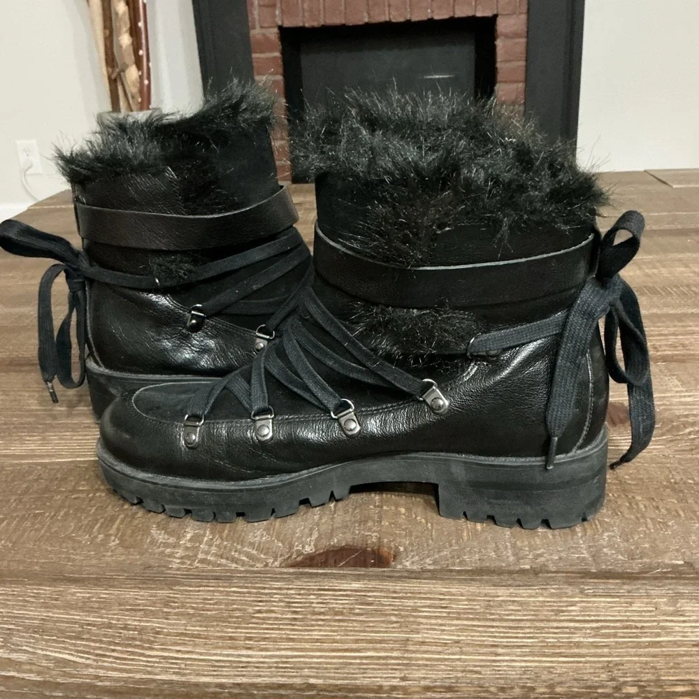 Nine West Orynne black leather suede winter boots faux fur Sz 8.5